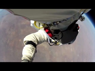 jump from space with a parachute. height 39,045m (altitude record), speed 1,342 8 km/h (greater than the speed of sound)